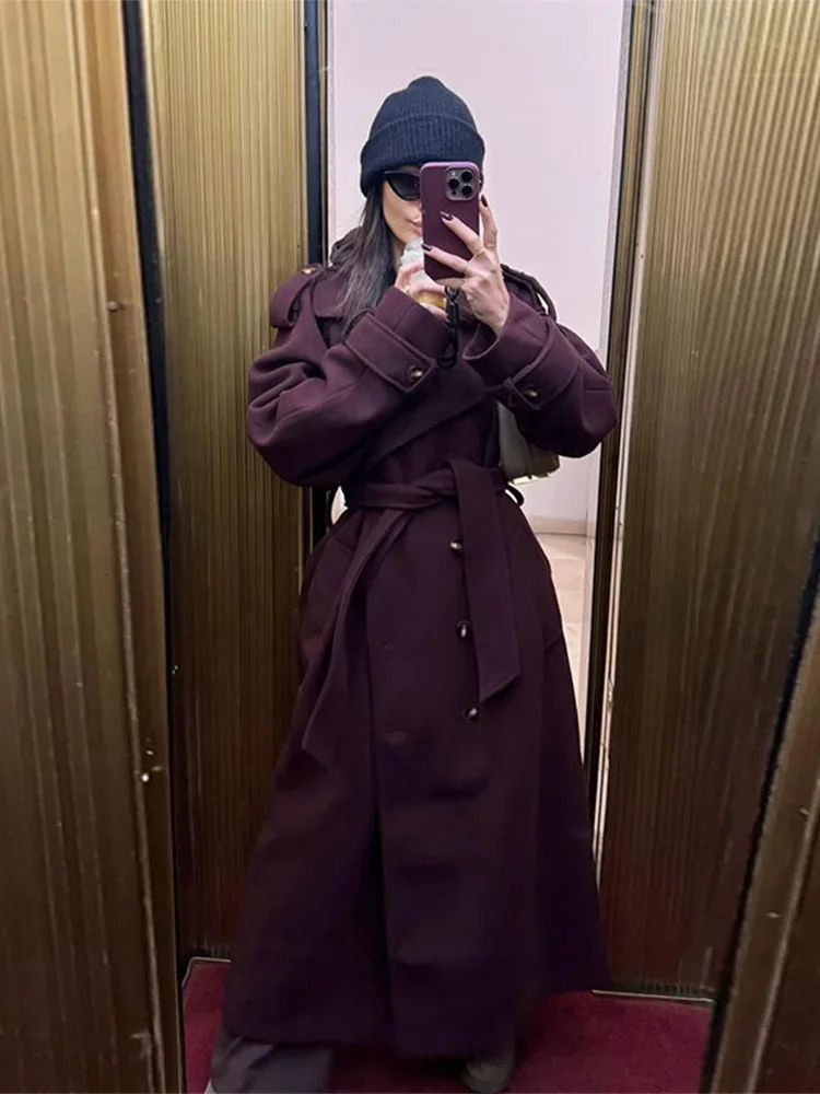 Wine Red Double Breasted Woolen Trench Coat Women Casual Lapel Long Sleeves Overcoat 2024 Lady Commute Office Outerwear 241010