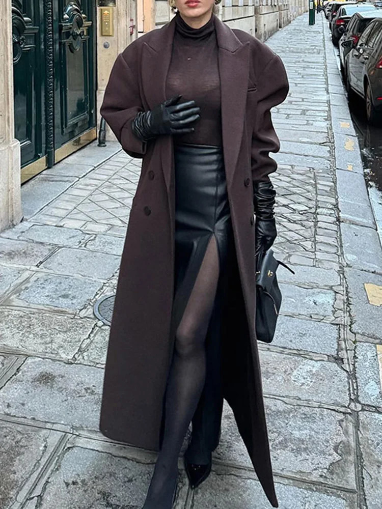 2024 Autumn Winter Streetwear Wool Blends Elegant Fashion Woolen Double Breasted Lapel Overcoat Women Long Sleeve Coats 241010