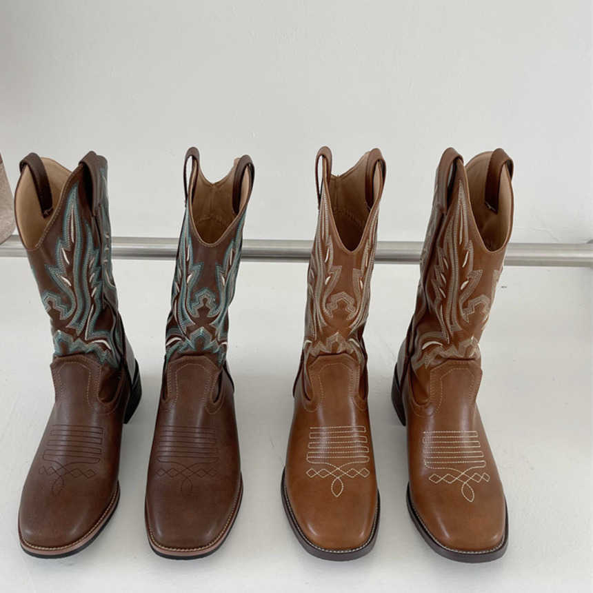 Fashion Boots New Coarse Heel Western Cowboy Boots V-neck Martin Boots Embroidered Sleeve Knight Boots Mid Square Head Ankle Boots 241008