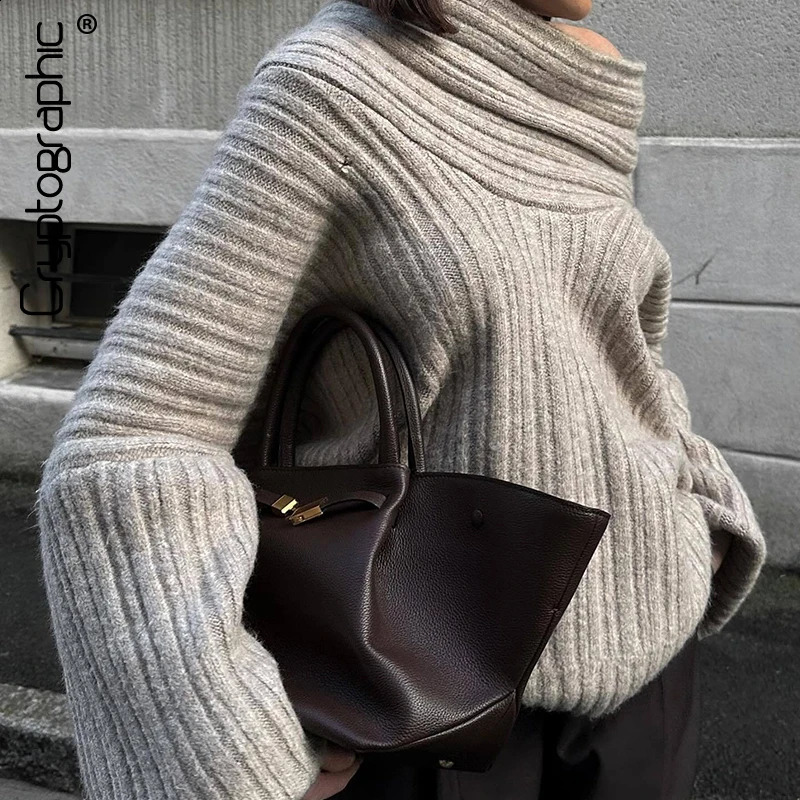 Cryptographic Winter Off Shoulder Knitted Sweaters Long Sleeve Asymmetrical Top Jersey Casual Fashion Outfits Streetwear Clothes 241010