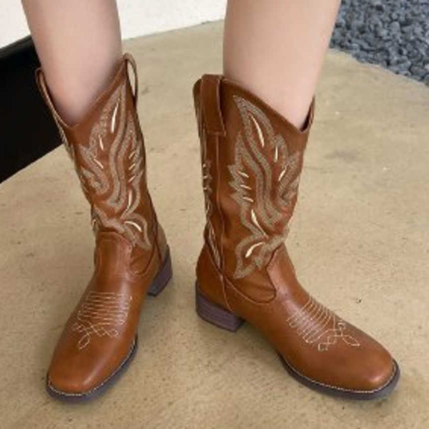 Fashion Boots New Coarse Heel Western Cowboy Boots V-neck Martin Boots Embroidered Sleeve Knight Boots Mid Square Head Ankle Boots 241008