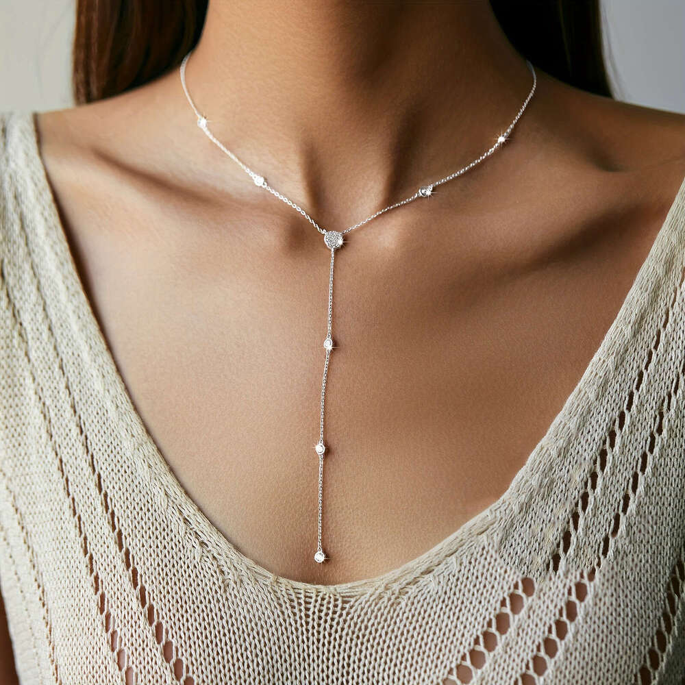 Sterling silver necklace diamond design long sweater necklace diamond gift for Women Christmas