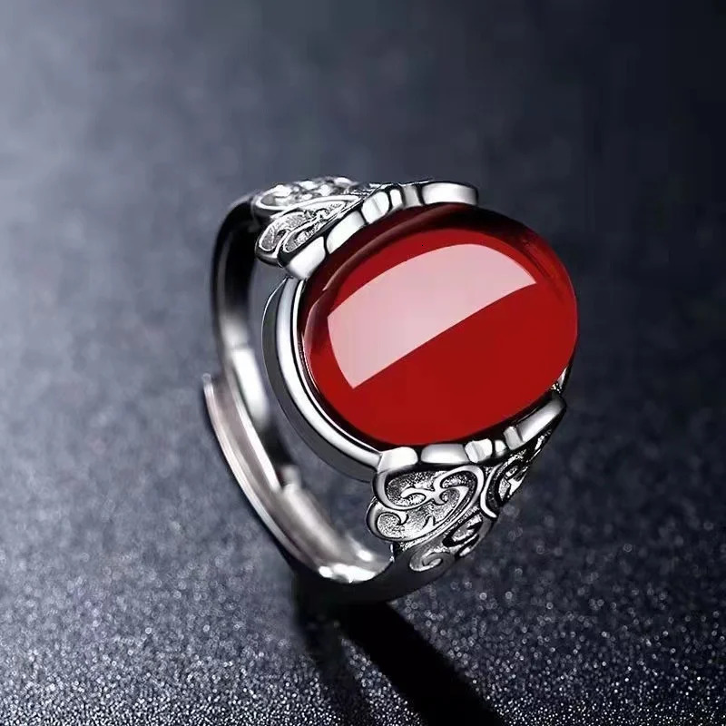Wus Red Agate Chalcedony Ancient Silver Color Open Ring Female Crown Hollow Butterfly Adjustable 241010