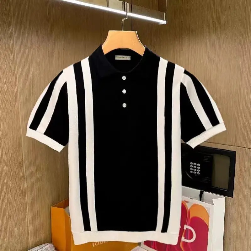 Summer Mens Knitting polos Shirt Men Turndown Collar Button Fashion Color Stripe Tops Knit Casual Tshirts 241010