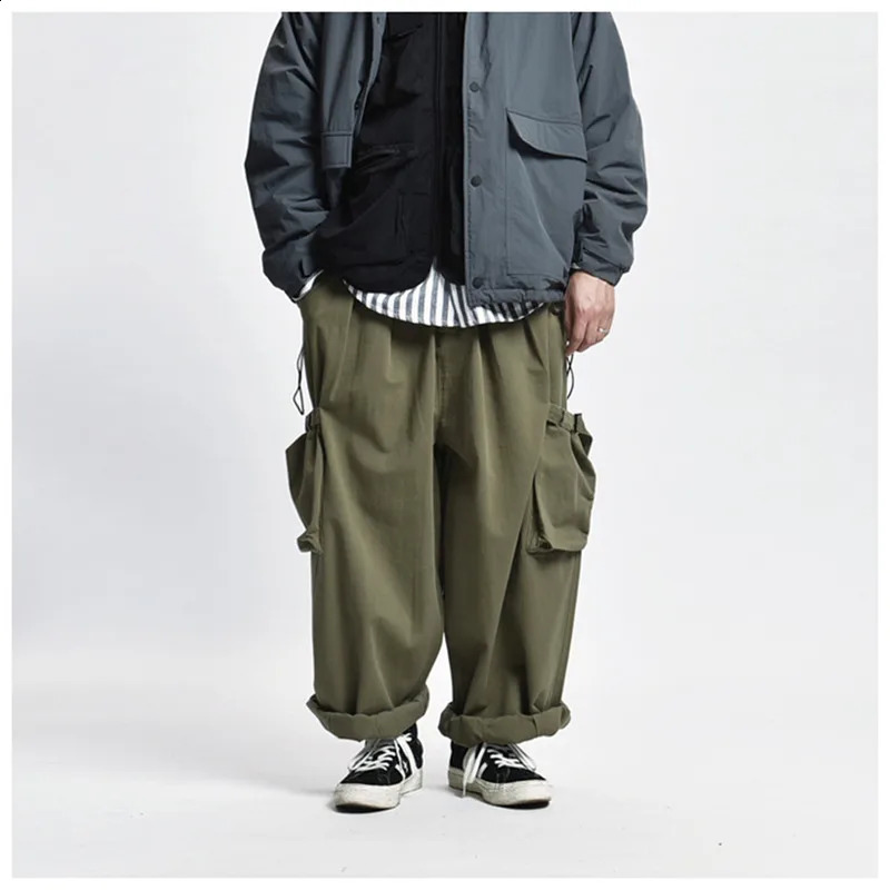 Multi Pocket Cargo Pants Mens Work Pants Safari Style Casual Wide Leg Pants Men Solid Color Baggy Trousers 241010