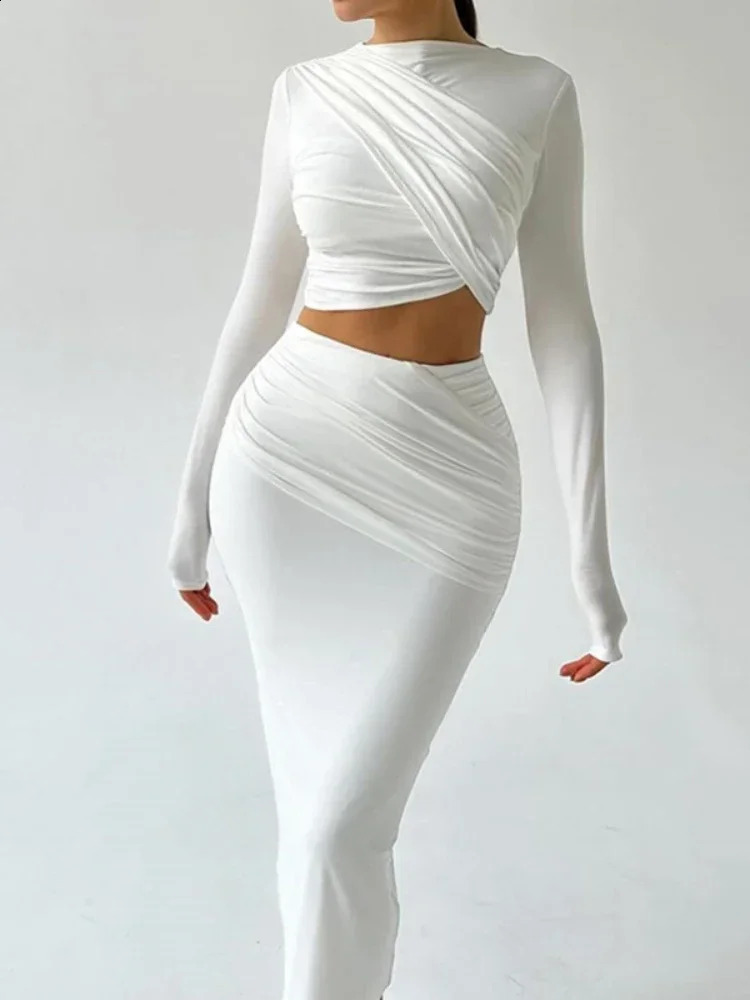 XIZOU Pleated Two 2 Piece Sets Womens Outfits Round Neck Irregular Tank Tops and Long Casual Skirt Female Party Matching Set 241019