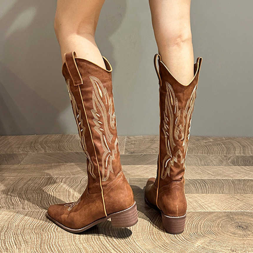 Fashion Boots Leather Embroidered Western Cowboy Boots Coarse Heel Ankle Boots Square Head Knight Boots Chelsea Boots Mid Length Boots 241008