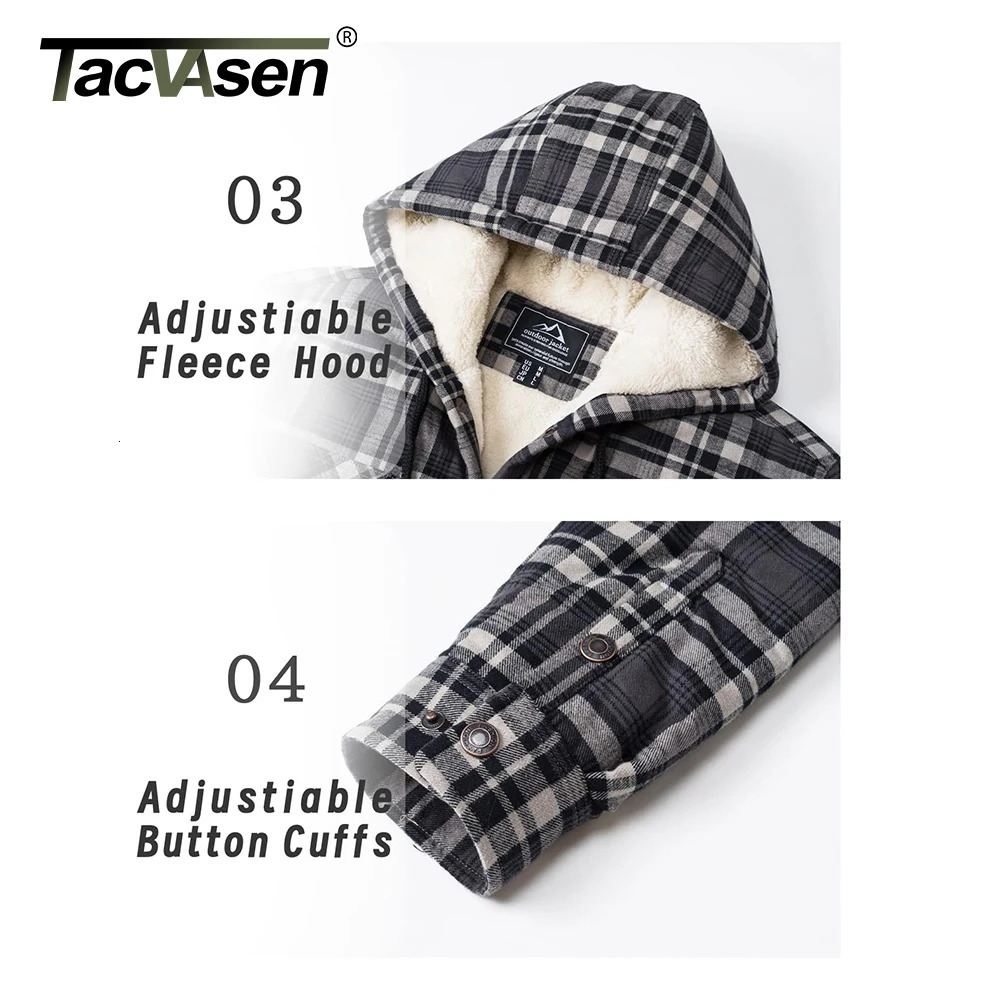 TACVASEN thick warm flannel hooded jacket mens Sherpa wool lining winter coat button casual plain jacket with 5 pockets 241007