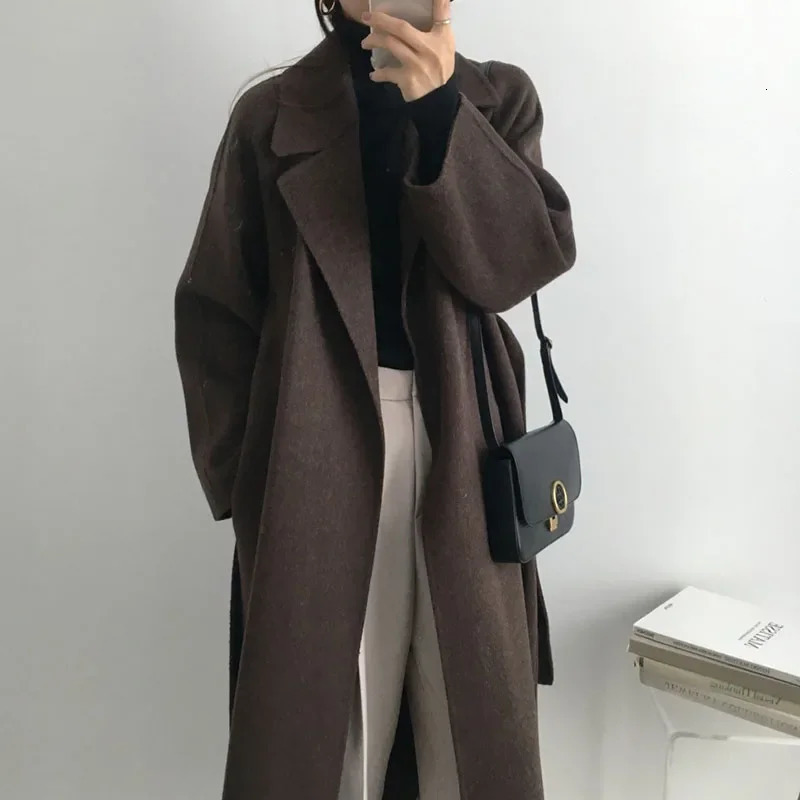 Jacket Women Long Wool Overcoat Suit Collar Loose Tie Waist Collection Mid Length Woolen Lapel Topcoat Solid Waistband 241010