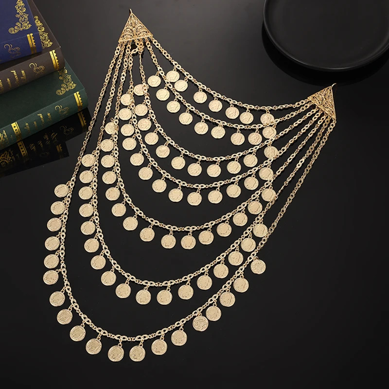 Algerian Caftan bridal jewelry multi chain handmade coin necklace head chest chain Arabic wedding dress body jewelry 241019