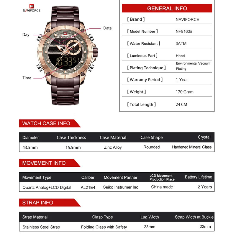 NAVIFORCE Top Quartz Watch for Mens Business Steel Waterproof Sports Dual Display Military LED Digital Watch 241019