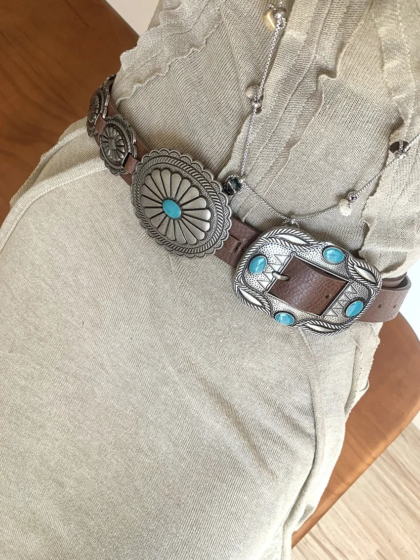 Womens Y2K Western Cowboy Girl Bohomia Waist Chain Cummerbundle Buckle 241019