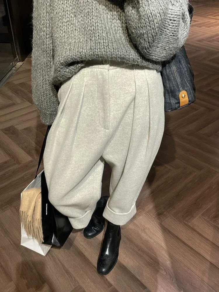 2024 Chic Women Casual Loose Pockets Woolen Suit Pants Autumn Winter High Waist Thicken Korean Ladies Solid Harem Trousers 241007