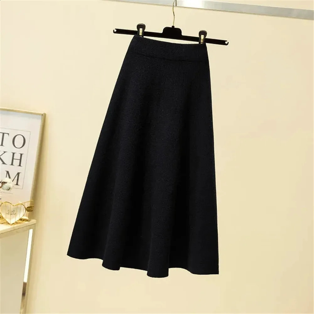 Autumn Knitted Pleated Skirt WomenS Midi Elastic High Waist ALine Sweater Female Winter Black Wool Long Mom 241019