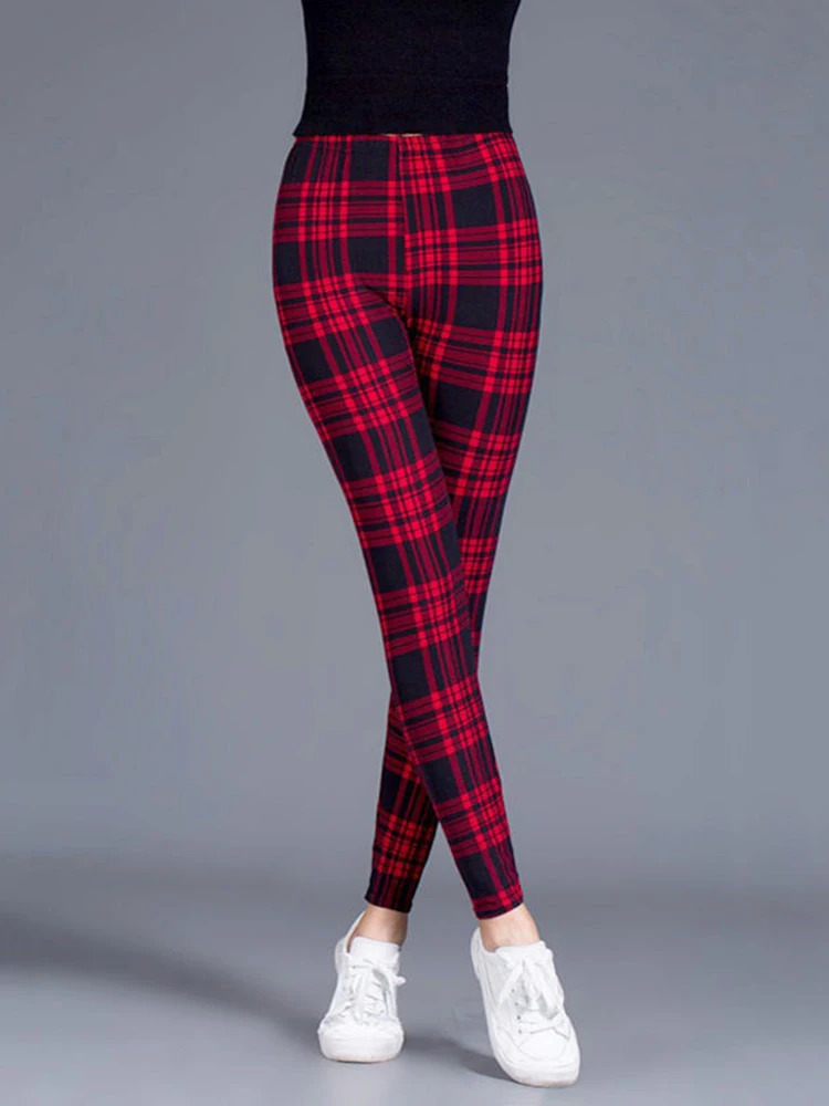 CUHAKCI Female Fitness Legging Print Plaid Leggings Lady Sexy Slim Pencil Pants Push Up Elastic Waist Trousers 241007