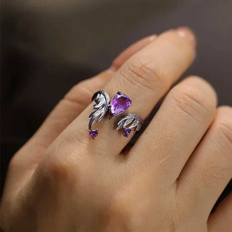 New Retro Punk Style Purple Zircon Elf Ring Personalized Open Ring Fashion Cool Jewelry Womens Holiday Gift Y241019