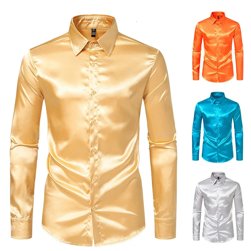 Wxw4756 Spring and Autumn Mens Dress Long Sleeve Solid Color Street Clothing Hip Hop Shirt Collar Satin Shirt Regular Fit 241007
