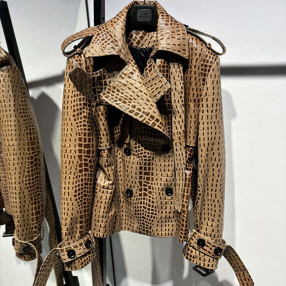 Yoloagain Double Breasted Croc Pattern Women 2023 Autumn New Genuine Leather Jacket Ladies