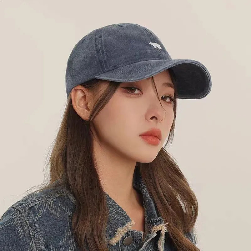 Polar bear embroidered baseball cap women washed letter soft cap male Korean retro student hat 241009