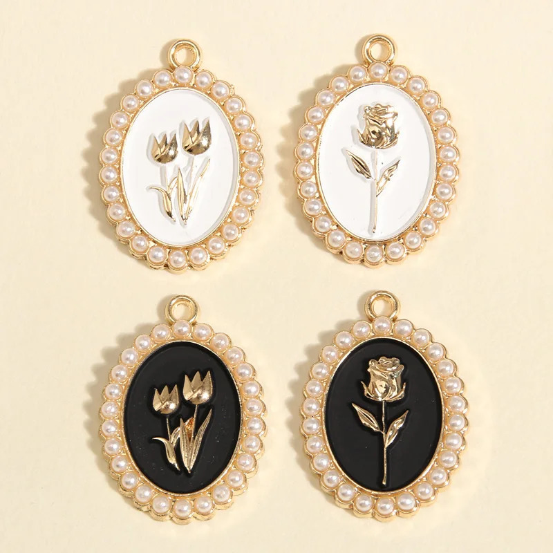 5pcs Gold Color 28x20mm Beautiful Enamel Rose Flower Charms Pearl Pendant For DIY Handmade Necklaces Jewelry Making Accessories 241010