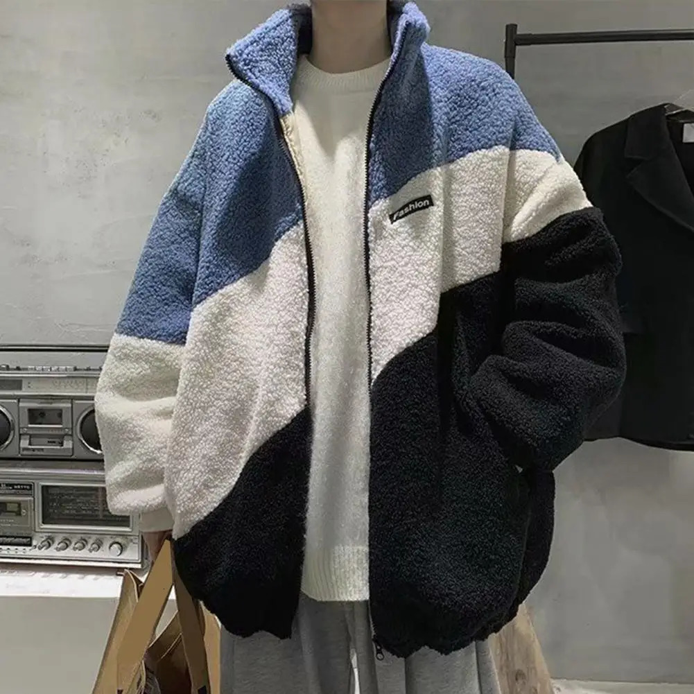 Mens jacket autumn winter stand up collar long sleeves patchwork colorful cardigan wool sweater loose fit imitating Sherpa jacket 241007