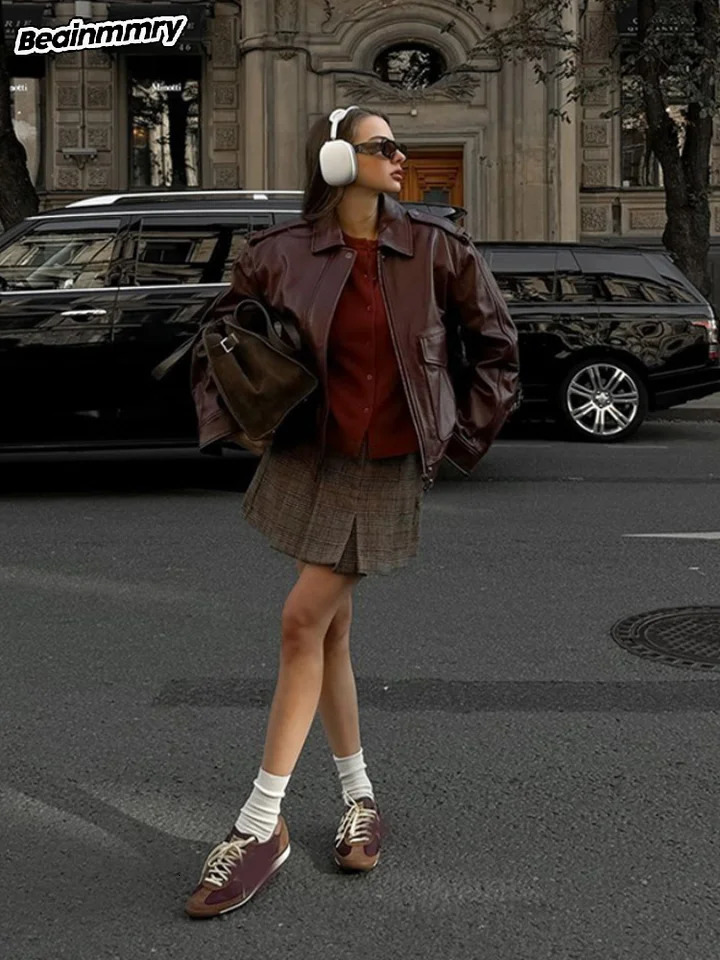 Fashion Burgundy Leather Collar Zipper Jacket Womens Fashion Long Sleeve Pocket Short Sleeve Jacket Womens Autumn Casual Street Jacket 241019