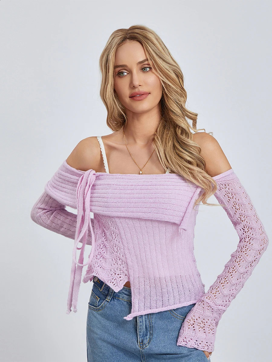 wsevypo Fairycore Off-the-Shoulder Fall Sweaters Womens Knit Crochet Flare Long Sleeve Slash Neck Tie-up Pullovers Jumpers 241010