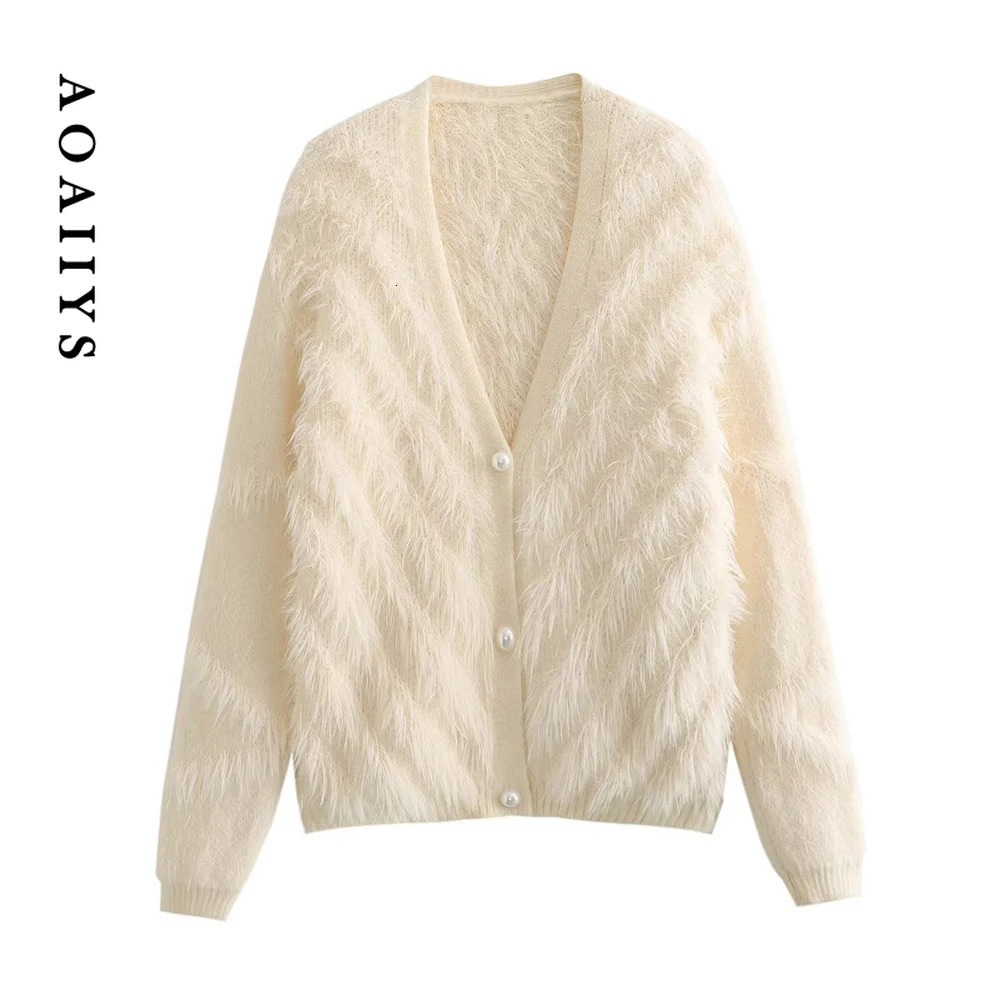 Aoaiys Knitted Open Knitted Woolen Sweater Womens V-neck Sweater Autumn Winter Pearl Single breasted Coat Fashion Long Sleeve Loose Unique Coat 241019