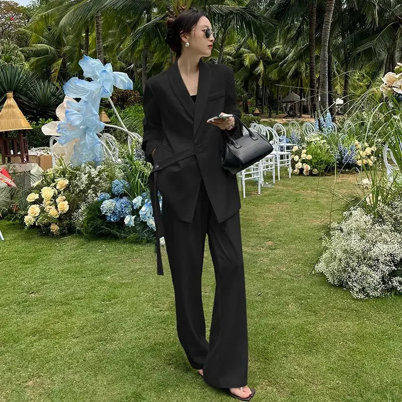 Korean Fashion High end Pants Suit Spring and Autumn Professional Coat Wide Leg White Two piece Set Women Outfits 241007