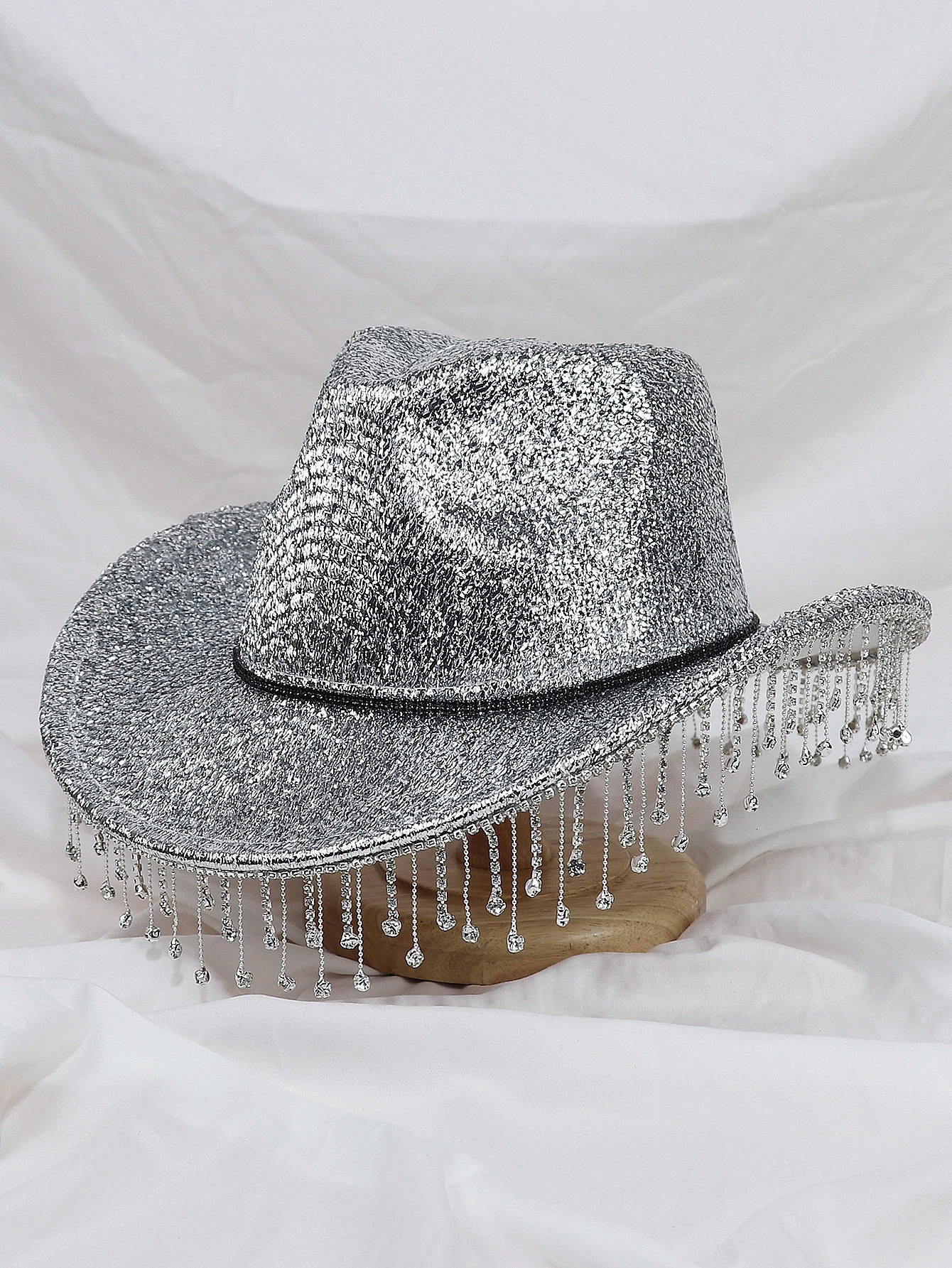 Silver Lady Western denim hat with rhinestone tassel party hat fashionable soft Duffle hat wide Brim Shade outdoor casual 241019
