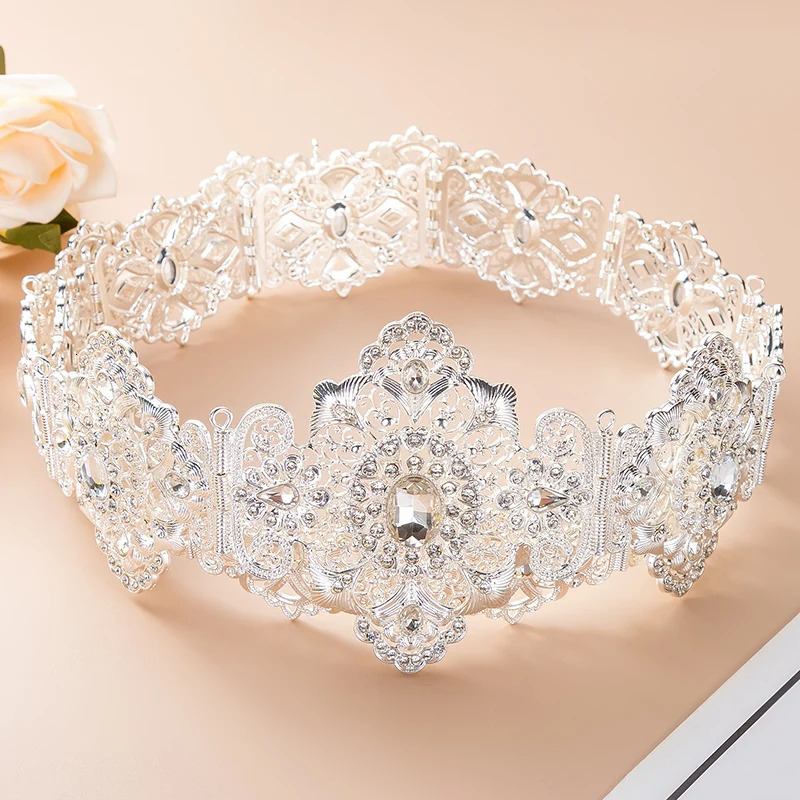 Gold Moroccan Style Bridal Crystal Belt with Hollow Flowers Arad Wedding Derss Anniversary Kaftan Waist Chain Jewelry 241019