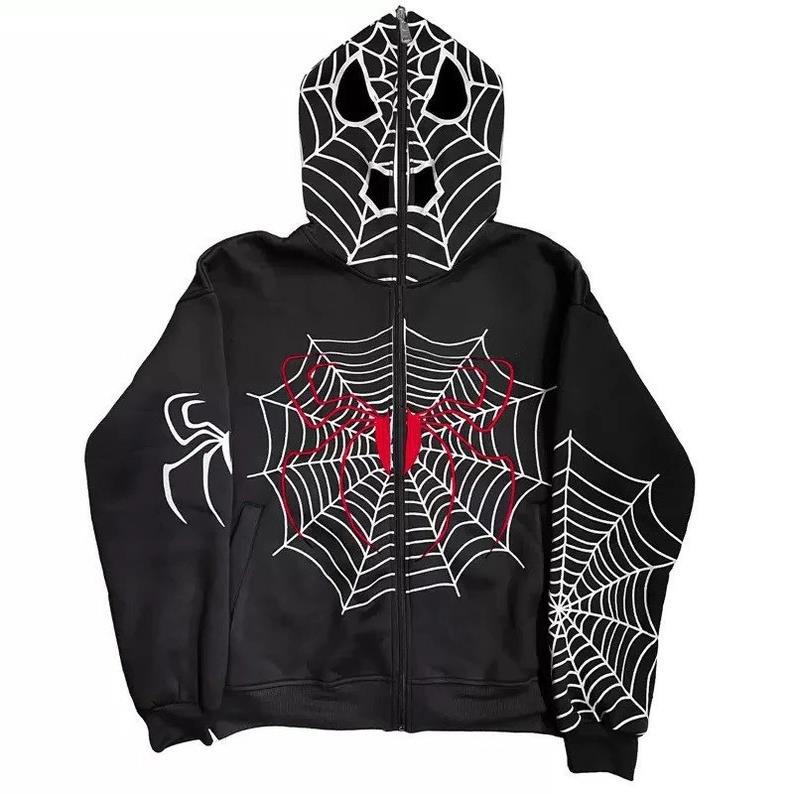 Punk Men Sweatshirt Fashion Spider Web Pattern Hooded Casual Top Zipper Sport Everyday Hoodie
