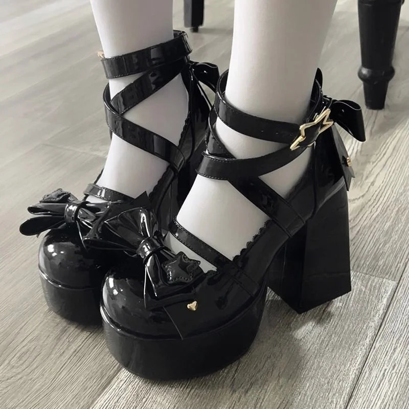 Lolita New Shoes Womens Mary Jens High Heels Thick Sandals Summer Fashion Retro Bow Party Platform Pump 241019