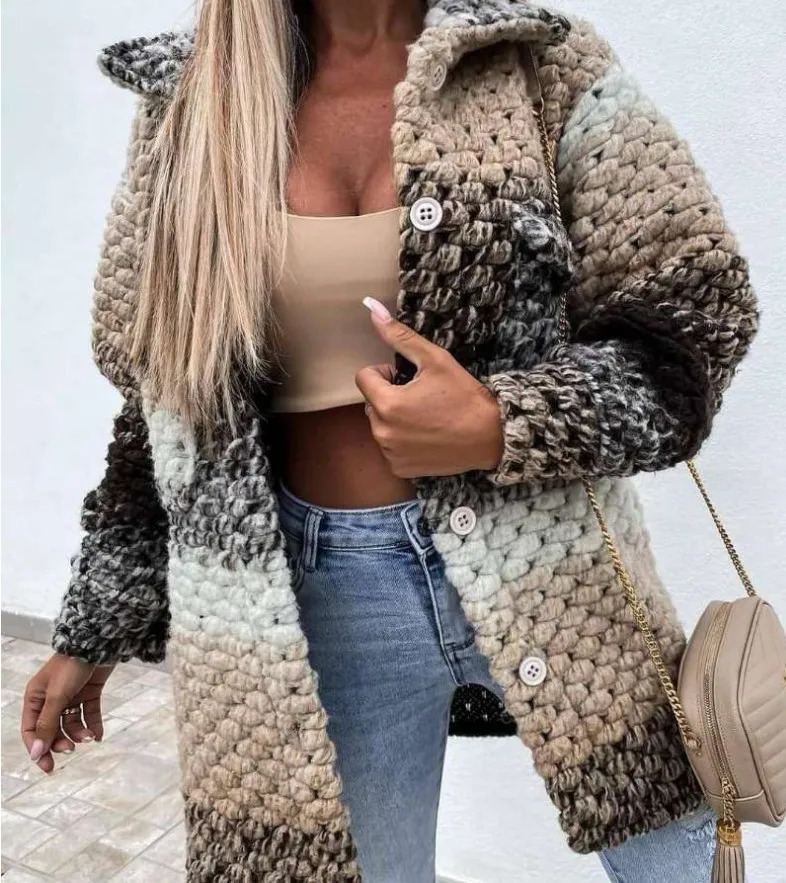Womens casual wool and blended jacket casual warm top womens long sleeved single corset womens printed tweed coat 241019