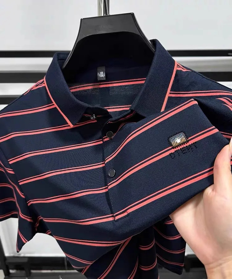 High end striped short sleeve mens POLO shirt summer fashion top highend color sense badge breathable Tshirt 241010