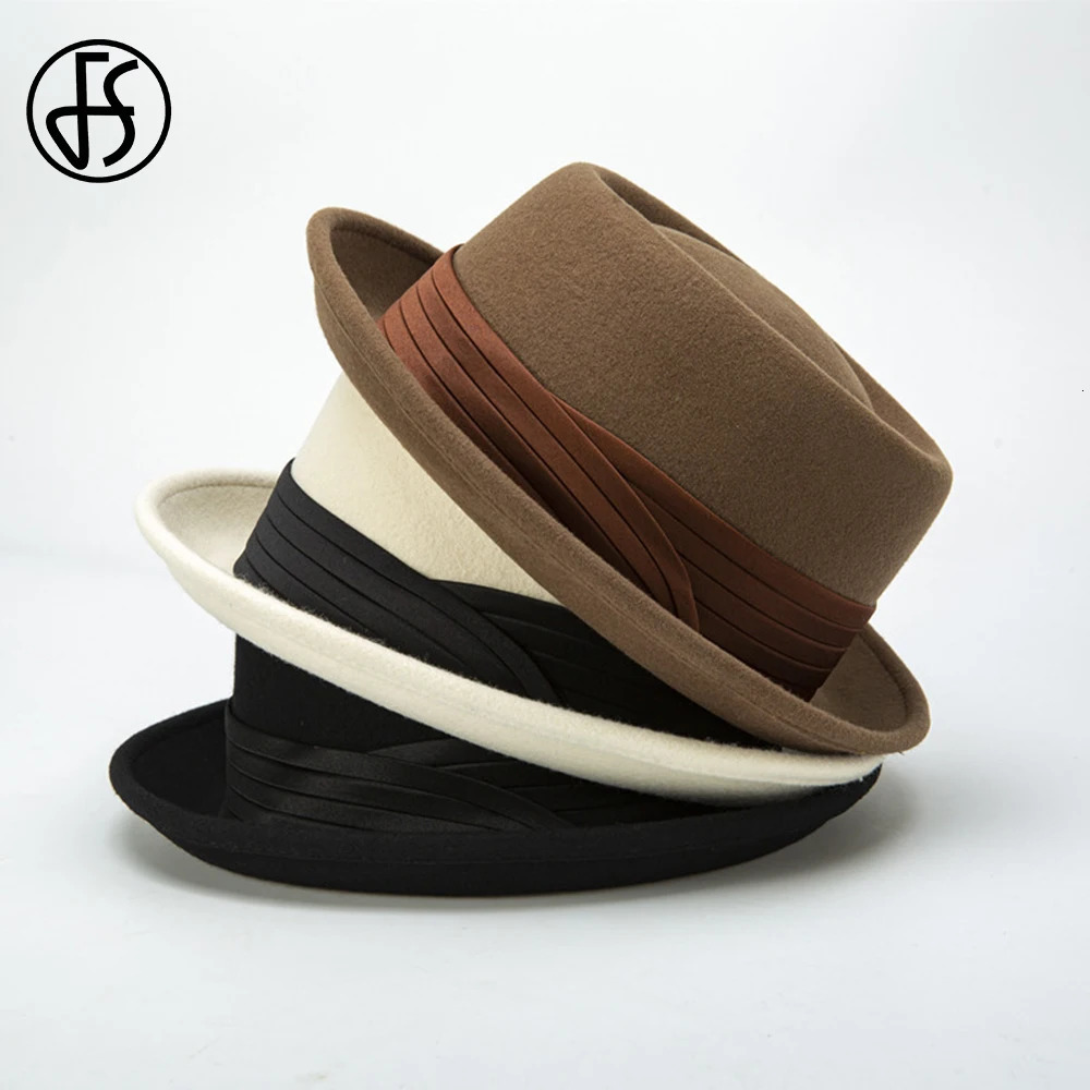 FS Roll Brim Black Pork Pie Hat Mens Ivory White Wool Fedoras Deep Camel Jazz Hat Church Panama Gangster Hat Gentlemen 241019