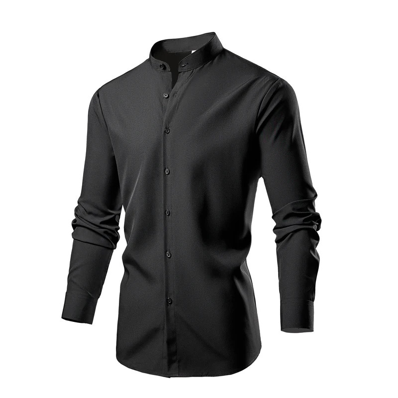 Cotton stand up collar elastic long sleeved mens shirt mens fashionable casual Camisas black white military green European size S-XL 241007