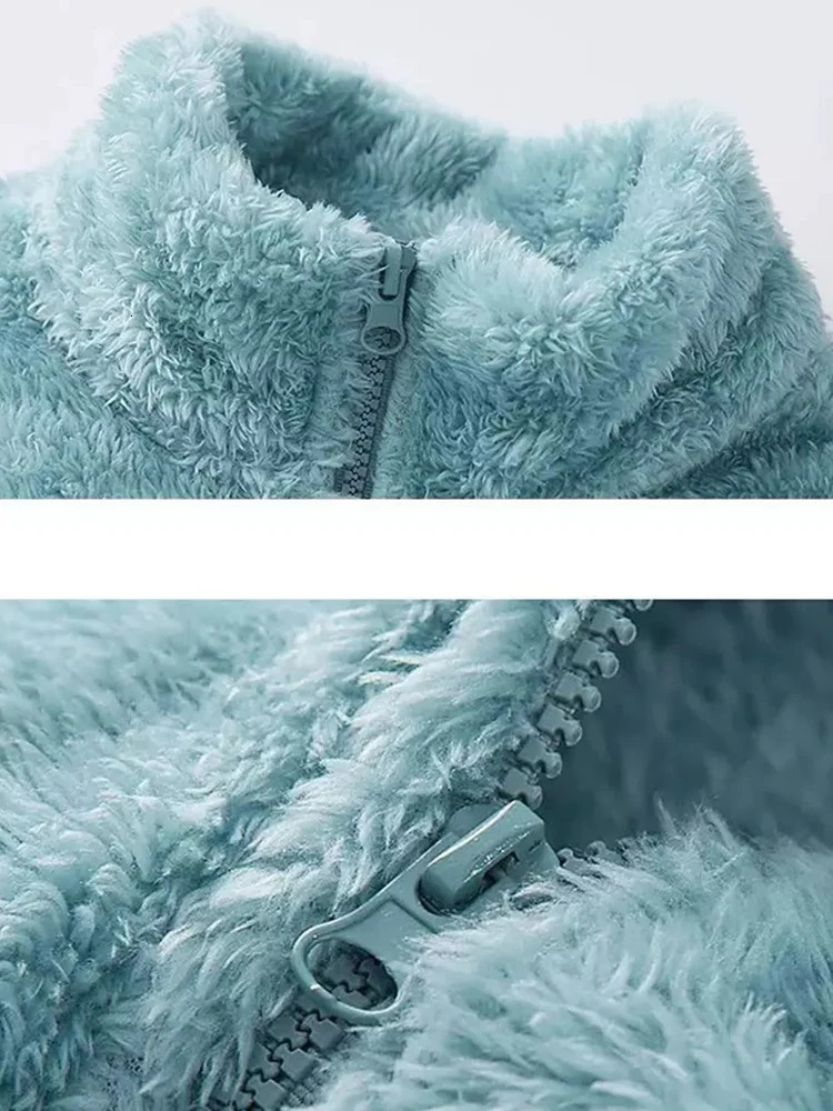 Womens and mens Sherpa wool fluffy jackets with long sleeves and full zippers soft and warm sportswear outdoor loose open top plush dresses 241007