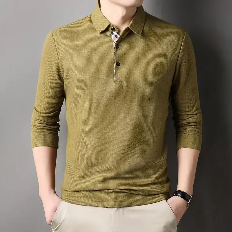 Men Long Sleeve Solid Casual Polo Shirts Spring Autumn Loose Streetwear Male Clothes splicing Lapel Plaid Business Office Tops 241009