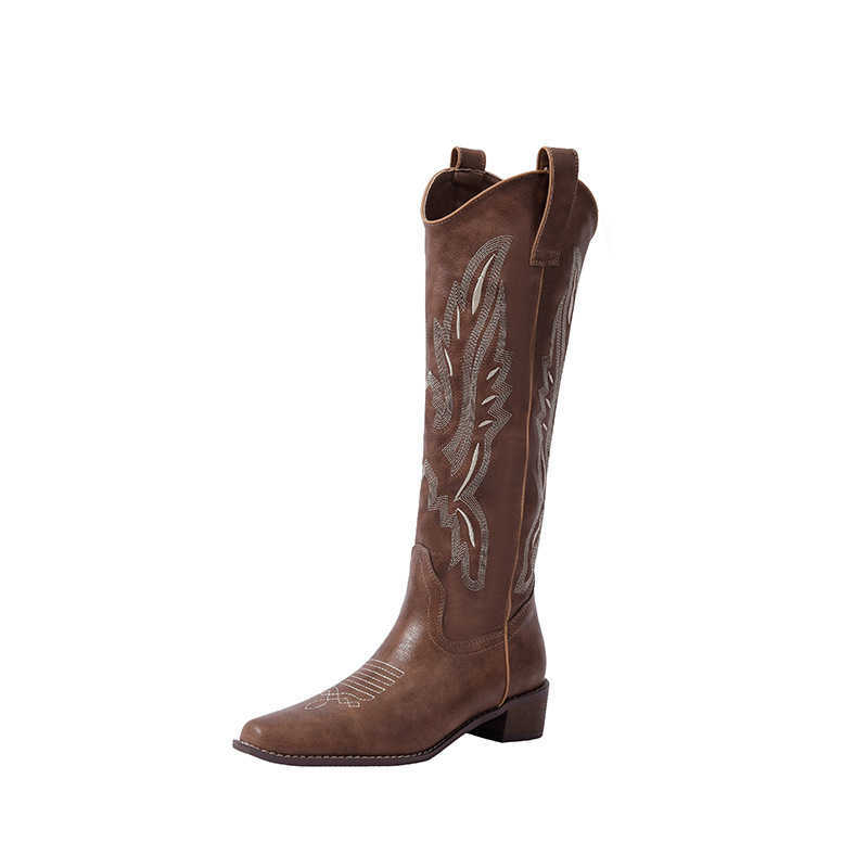 Fashion Boots Leather Embroidered Western Cowboy Boots Coarse Heel Ankle Boots Square Head Knight Boots Chelsea Boots Mid Length Boots 241008