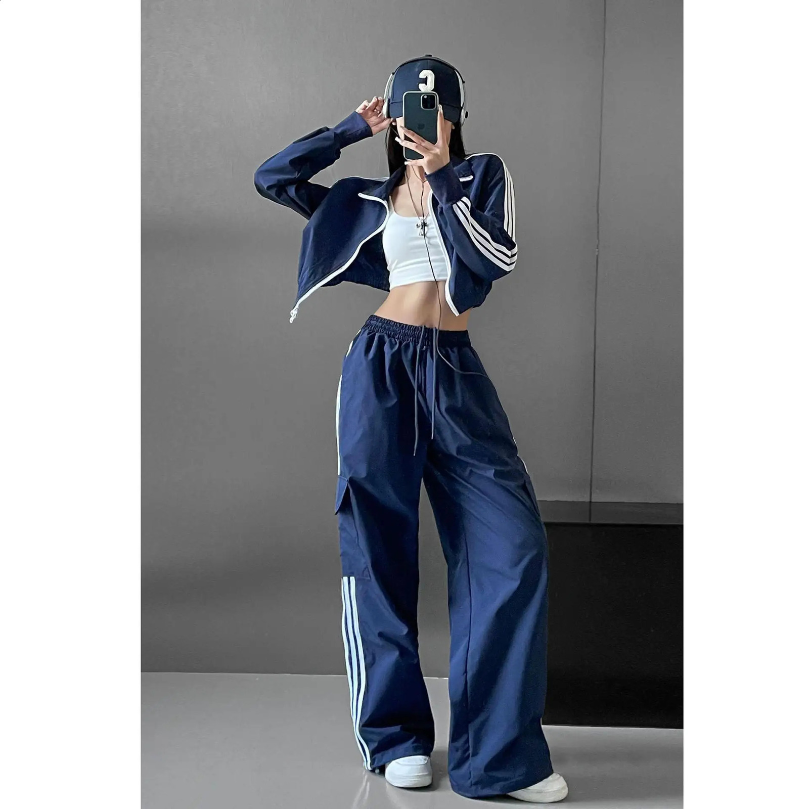 Striped Sweatpants autumn Women Hip Hop Streetwear Baggy Wide Leg Cargo Pants Bf Y2K High Waist Drawstring Joggers Trousers 241019