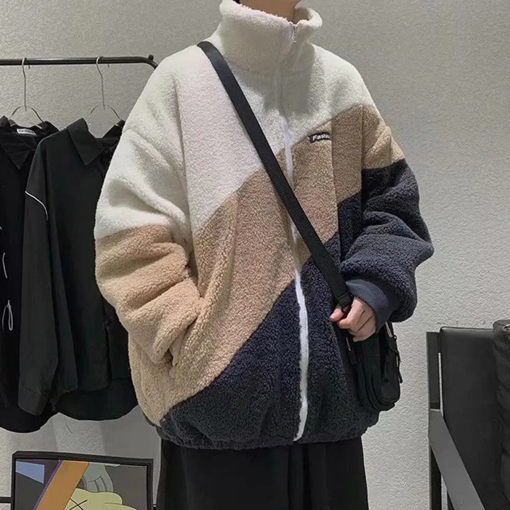 Mens jacket autumn winter stand up collar long sleeves patchwork colorful cardigan wool sweater loose fit imitating Sherpa jacket 241007