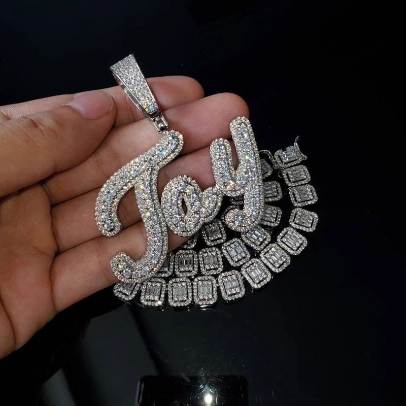 Grandbling Brush Cursive Letter Customized Name Necklace With Baguettes Chain With CZ Personalized Hip HOP Jewelry 241019