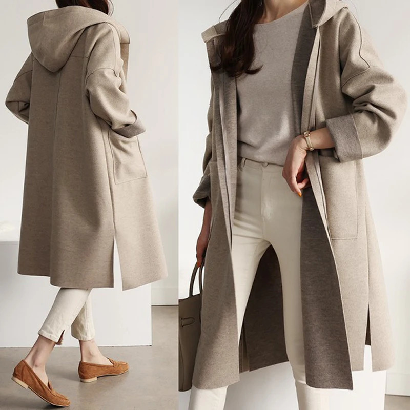 Fashion autumn winter Korean wool coat womens hooded cashmere slit pocket loose cloak long sleeved solid color windproof machine 241019