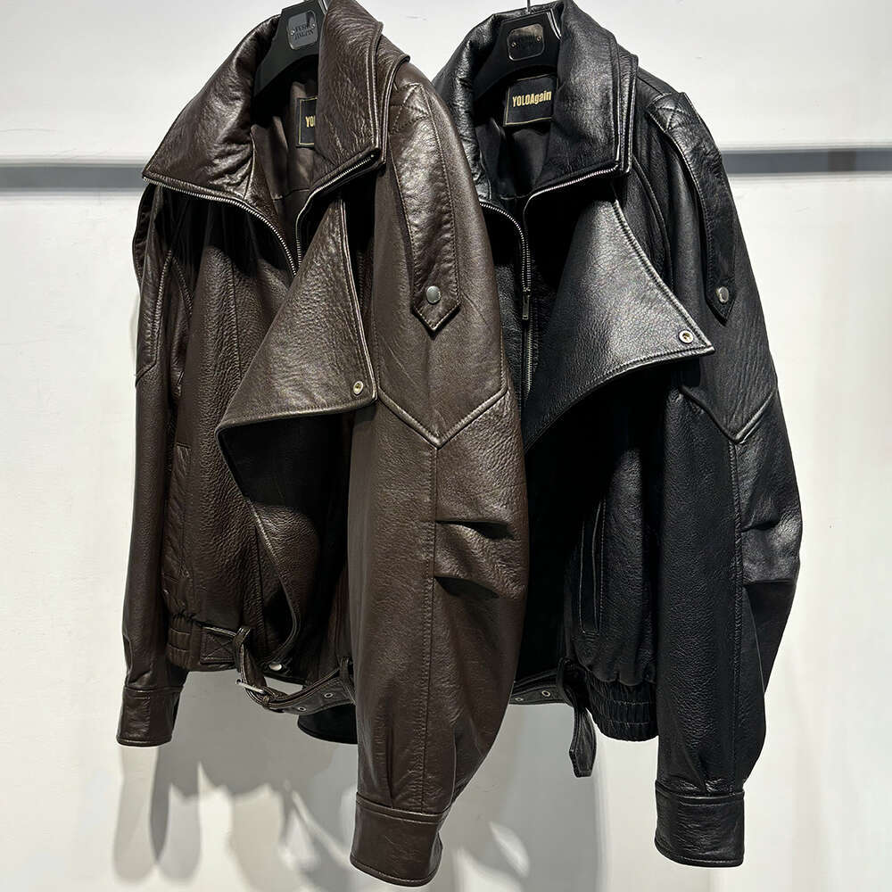 Yoloagain Women's Real Leather Jacket 2024 Autumn Oversized Vintage Sheepskin Coat Female