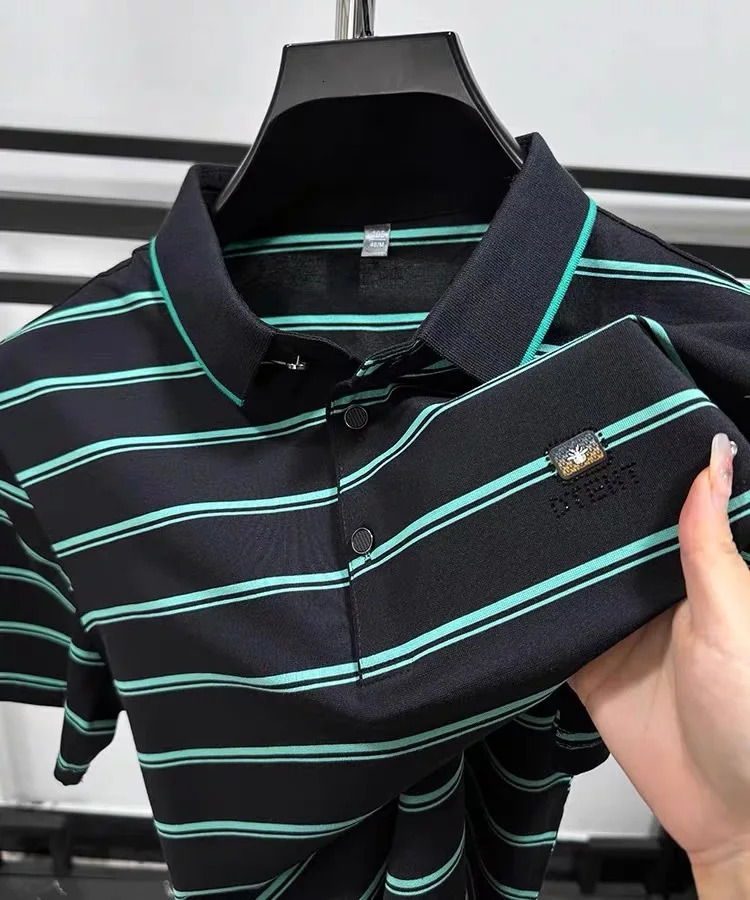 High end striped short sleeve mens POLO shirt summer fashion top highend color sense badge breathable Tshirt 241010