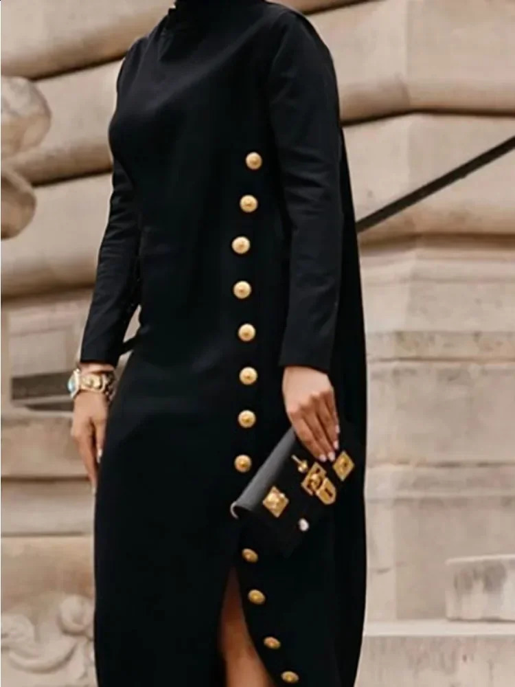 Modi Womens Black Party Evening Dress Button Split High Collar Long Sleeve Original Birthday Long Dress Womens 241019