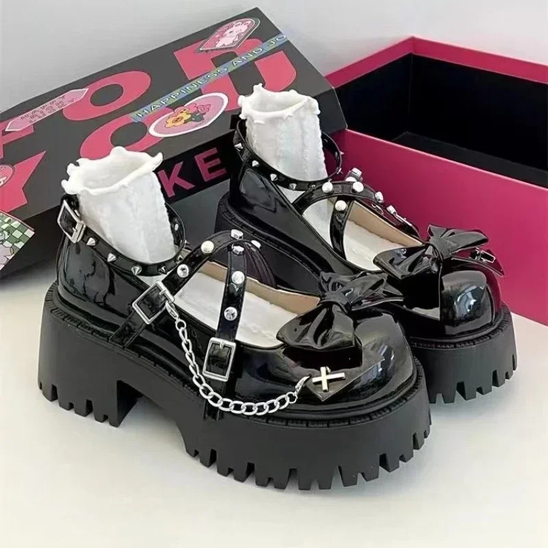 Ankle wrap womens high heels platform pump bow tie rivet chain square shoelace buckle womens shoes 241019