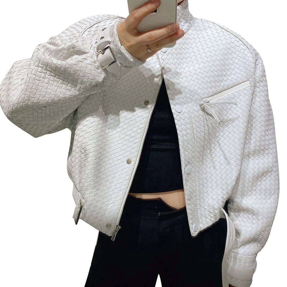 Yoloagain Hand-Woven Oversized Bomber Women Real Leather Jacket Female 250526