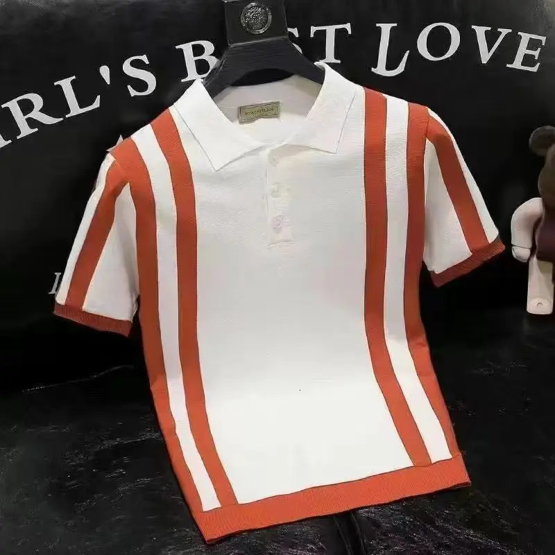 Summer Mens Knitting polos Shirt Men Turndown Collar Button Fashion Color Stripe Tops Knit Casual Tshirts 241010